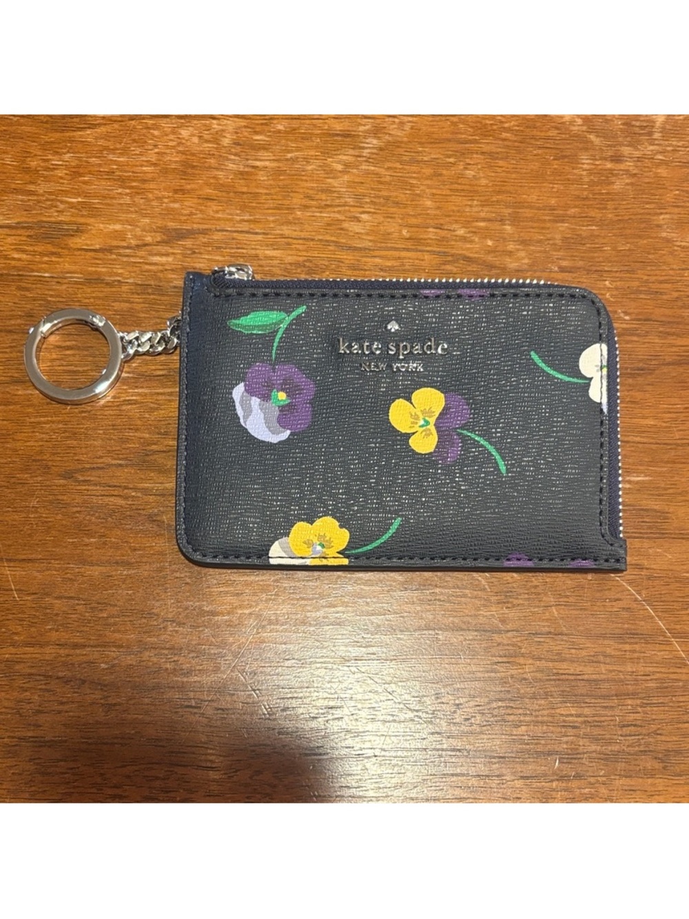 NWT kate spade navy floral zip card case with key ring